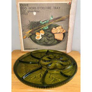 Indiana Glass Co Olive Deviled Egg & Hors d'oeuvre Tray 13" Glass 7703 NOS Box